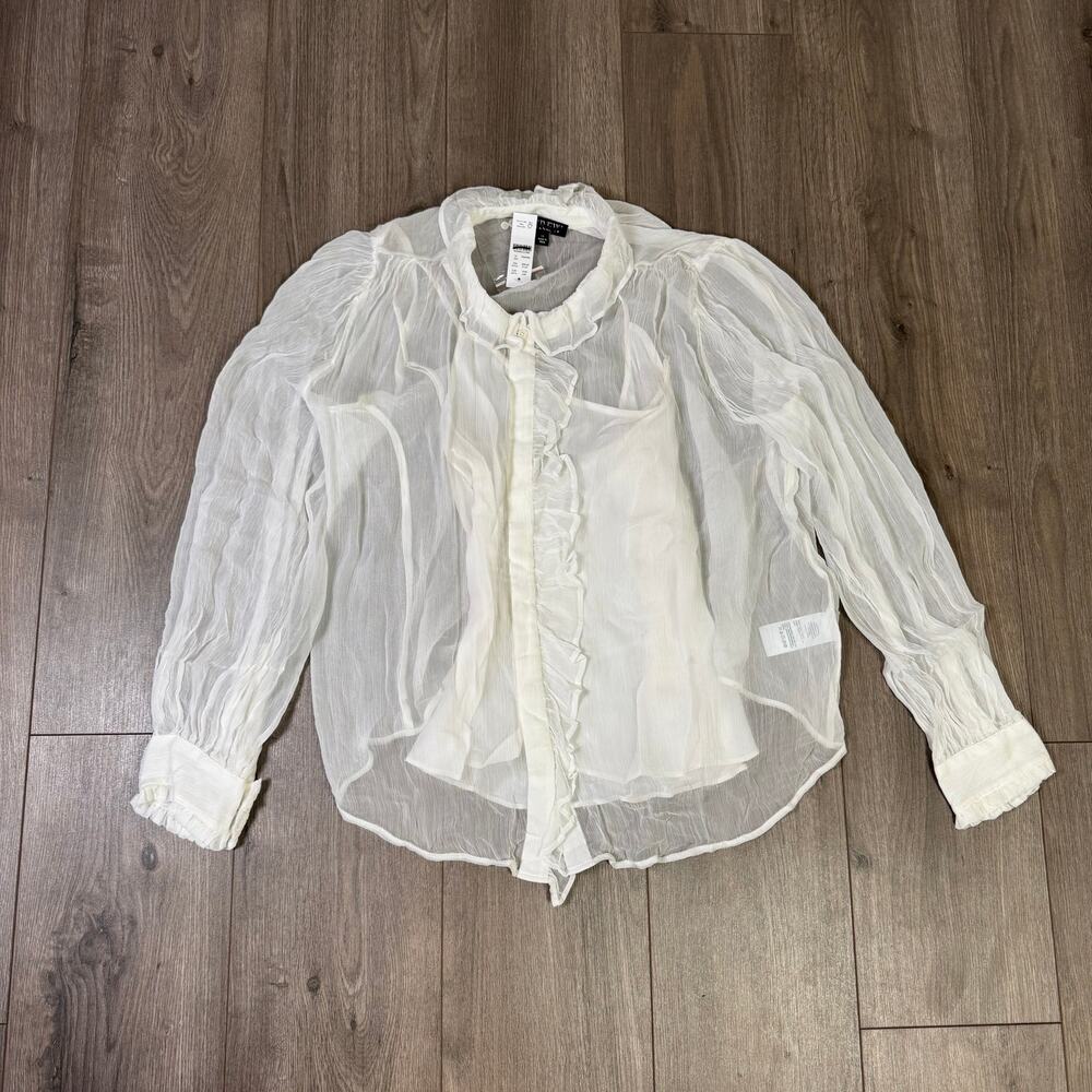 J.Crew Ruffle Button-Up Shirt WMNS Sz 12 White Crinkle Chiffon Sheer Long Sleeve - Picture 6 of 8